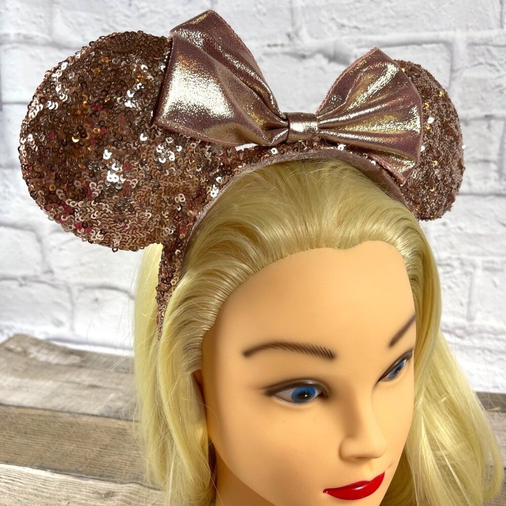 Rose Gold Walt Disney Parks Minnie Mickey Mouse Ears Headband Bow Pink Sequins - Picture 3 of 12